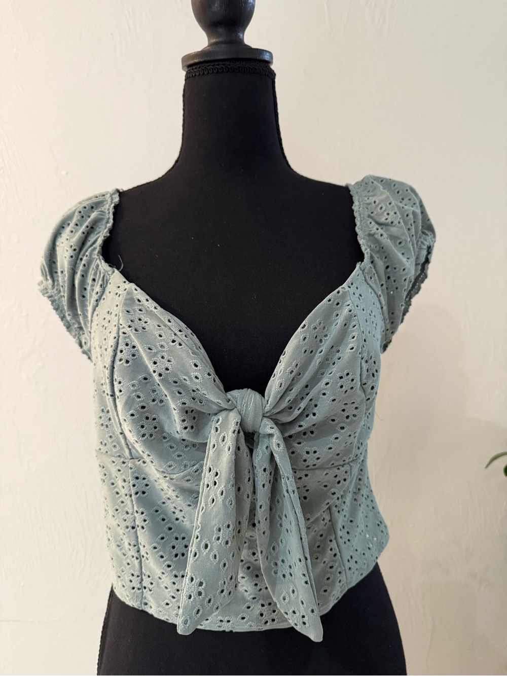 Urban Romantics Sage Green Eyelet Tie Front Puff Sleeve Crop Top Size L